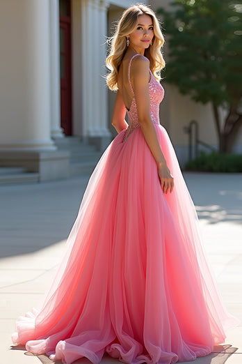 Blush Pink Tulle Ball Gown Long Prom Dress with Beading