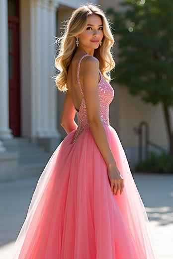 Blush Pink Tulle Ball Gown Long Prom Dress with Beading