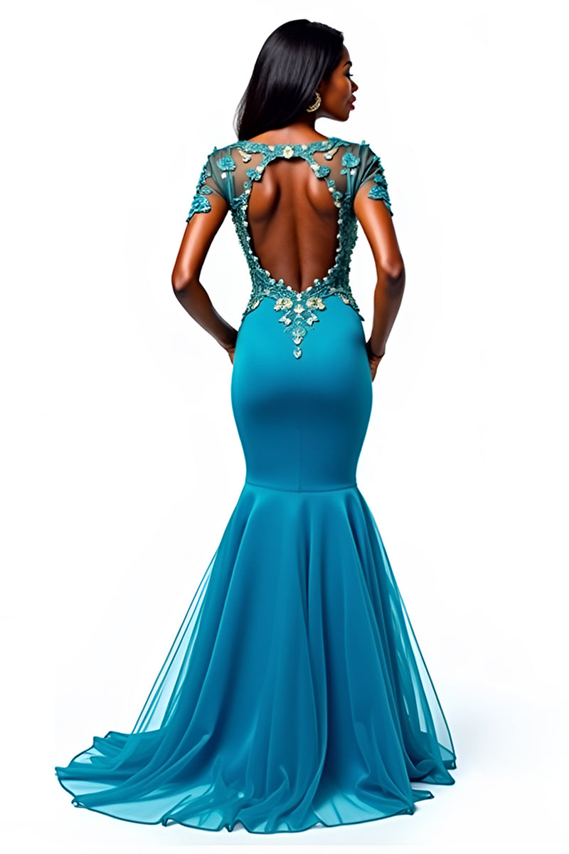 Load image into Gallery viewer, Blue Mermaid V-Neck Short Sleeve Mother of the Bride Dress with Appliques