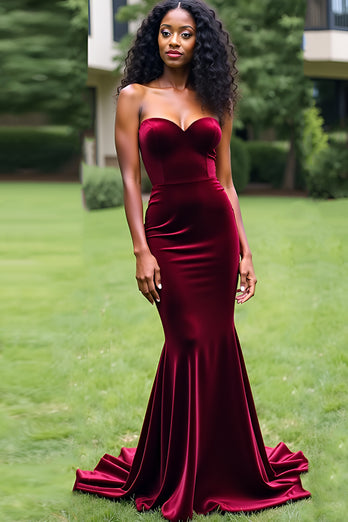 Burgundy Mermaid Strapless Velvet Long Prom Dress