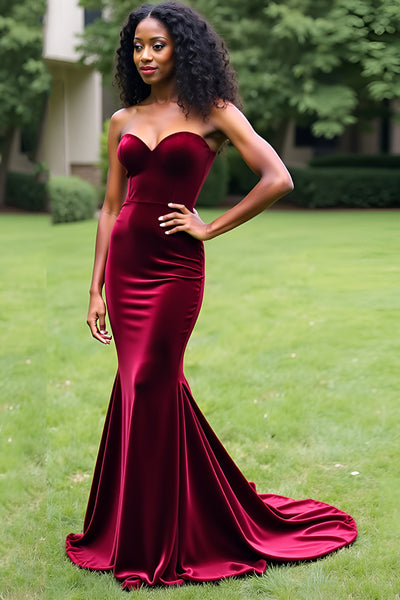 Burgundy Mermaid Strapless Velvet Long Prom Dress