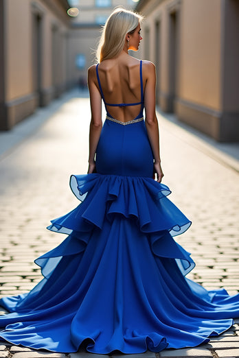 Royal Blue Mermaid Tiered Asymmetrical Long Prom Dress with Beading