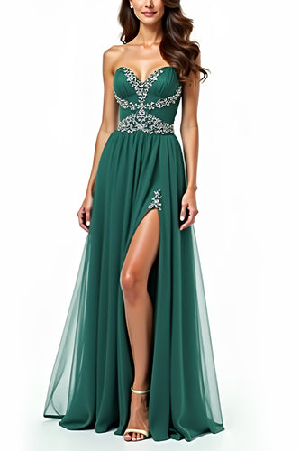 Dark Green A Line Tulle Sweetheart Beaded Long Prom Dress with Slit