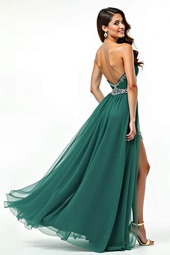 Dark Green A Line Tulle Sweetheart Beaded Long Prom Dress with Slit