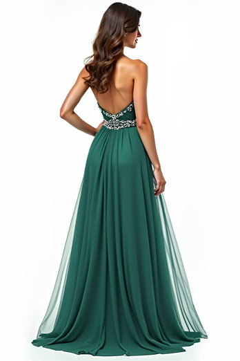 Dark Green A Line Tulle Sweetheart Beaded Long Prom Dress with Slit