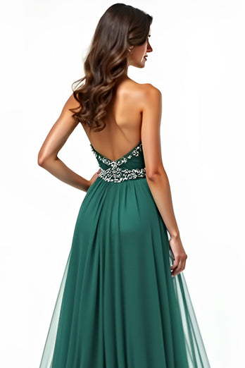 Dark Green A Line Tulle Sweetheart Beaded Long Prom Dress with Slit