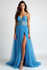 Load image into Gallery viewer, Light Blue A Line Tulle Appliques Long Prom Dress with Slit