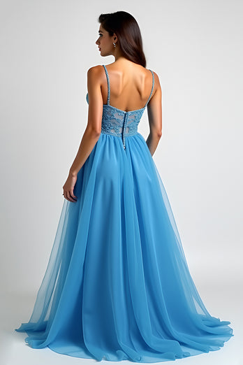 Light Blue A Line Tulle Appliques Long Prom Dress with Slit