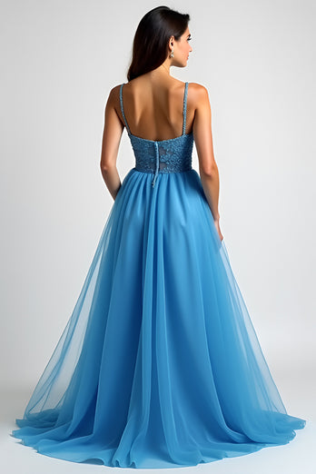 Light Blue A Line Tulle Appliques Long Prom Dress with Slit