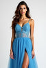 Load image into Gallery viewer, Light Blue A Line Tulle Appliques Long Prom Dress with Slit