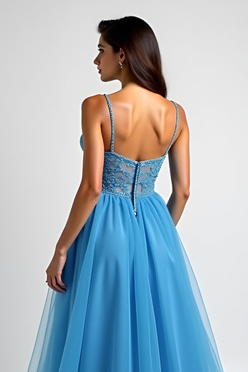 Light Blue A Line Tulle Appliques Long Prom Dress with Slit