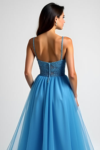 Light Blue A Line Tulle Appliques Long Prom Dress with Slit