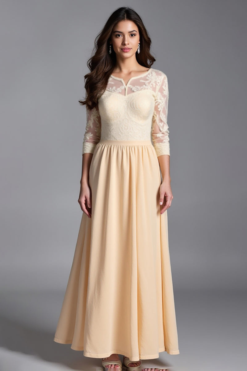 Load image into Gallery viewer, Champagne Illusion Neck Half Sleeve Mother of the Bride Dress with Appliques