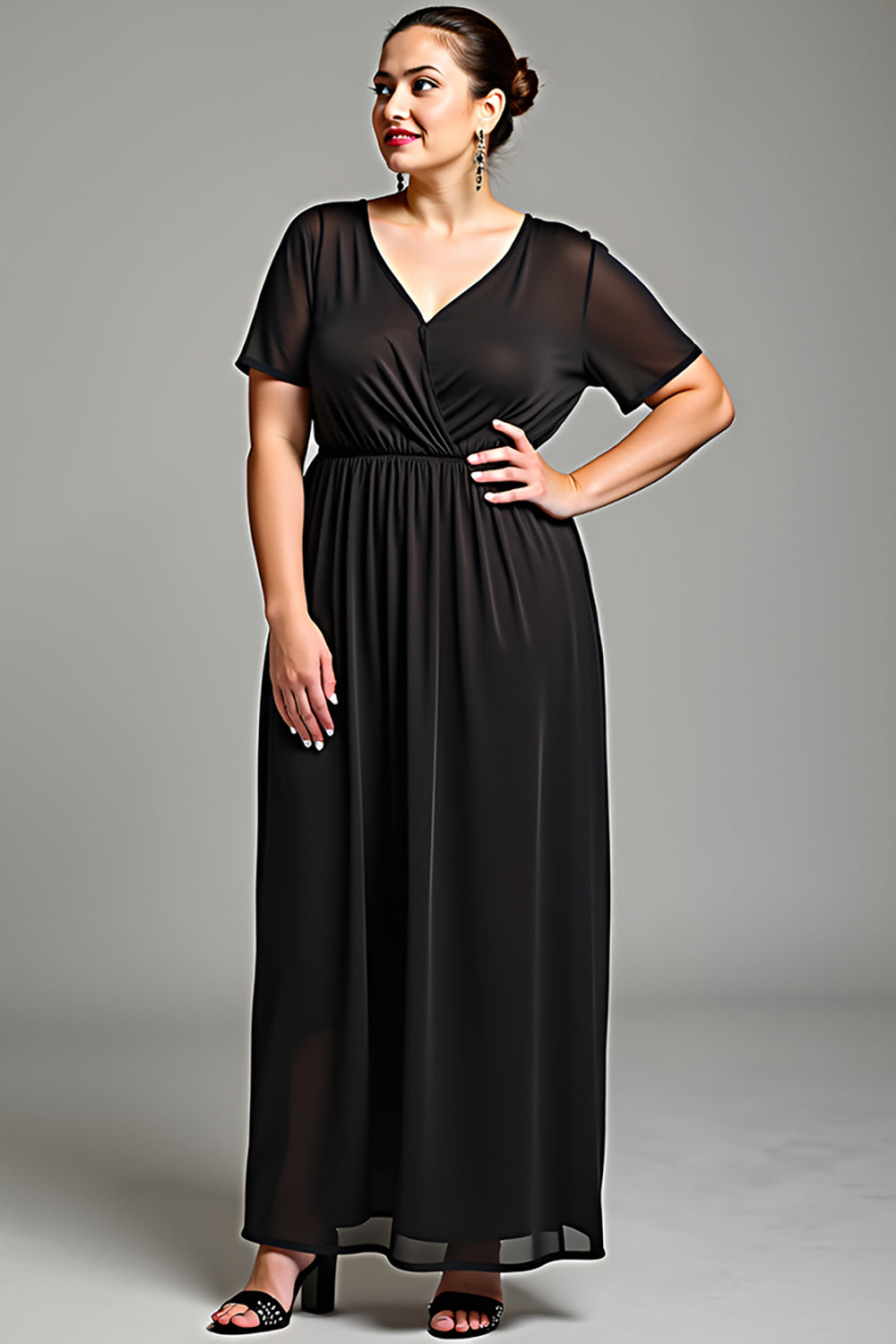 Black Short Sleeve Chiffon Plus Size Mother of the Bride Dress