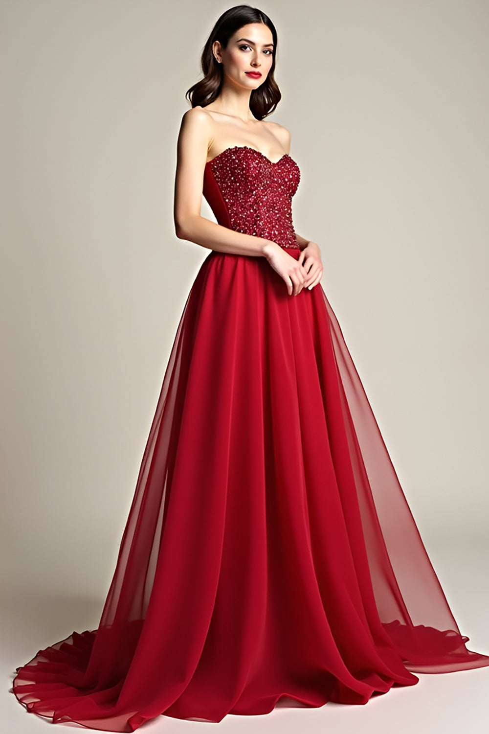 Burgundy A Line Tulle Sweetheart Beaded Long Prom Dress