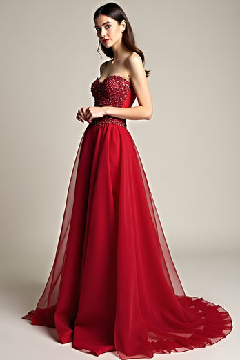 Burgundy A Line Tulle Sweetheart Beaded Long Prom Dress