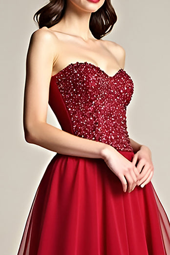 Burgundy A Line Tulle Sweetheart Beaded Long Prom Dress