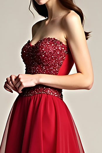 Burgundy A Line Tulle Sweetheart Beaded Long Prom Dress