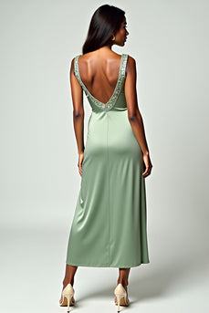 Dusty Sage Backless Tea-Length Formal Dress with Beading