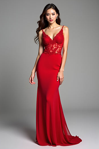 Red Mermaid Spaghetti Straps Long Prom Dress with Appliques