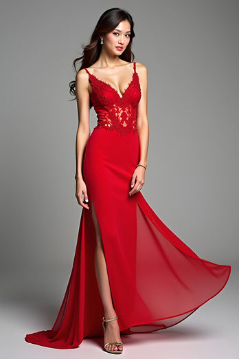 Red Mermaid Spaghetti Straps Long Prom Dress with Appliques