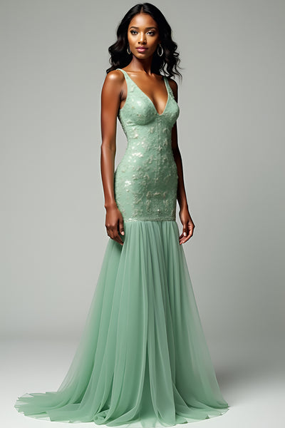 Dusty Sage Mermaid Tulle V-Neck Long Prom Dress