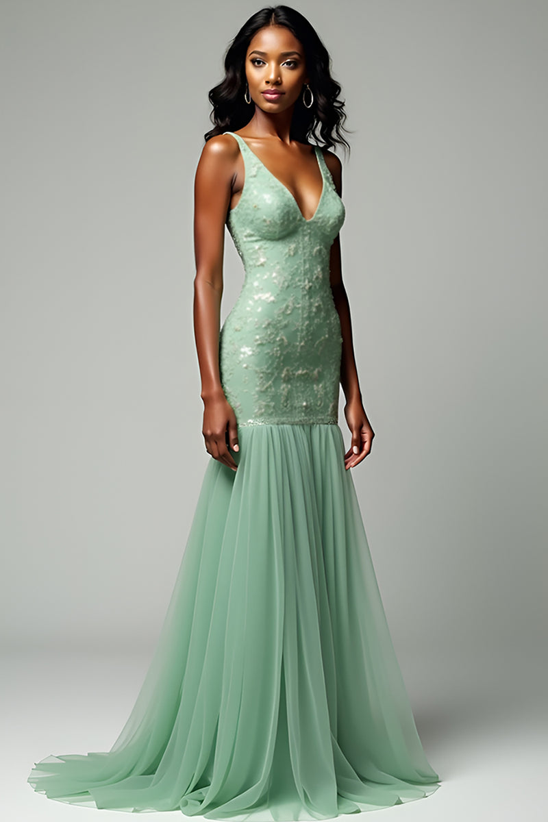 Load image into Gallery viewer, Dusty Sage Mermaid Tulle V-Neck Long Prom Dress