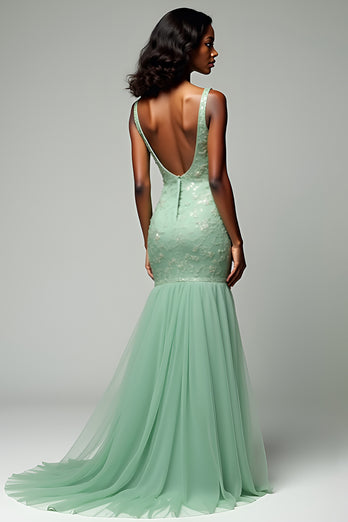 Dusty Sage Mermaid Tulle V-Neck Long Prom Dress