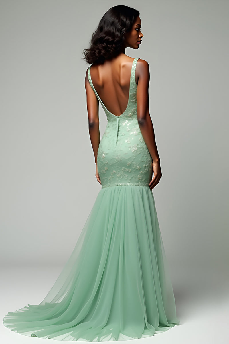 Load image into Gallery viewer, Dusty Sage Mermaid Tulle V-Neck Long Prom Dress