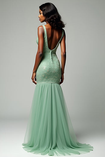 Dusty Sage Mermaid Tulle V-Neck Long Prom Dress