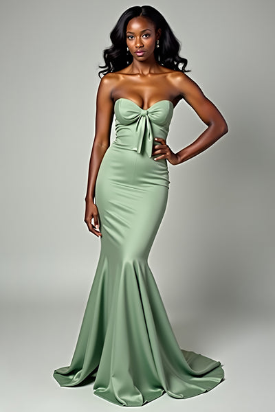 Dusty Sage Mermaid Strapless Bow Long Prom Dress