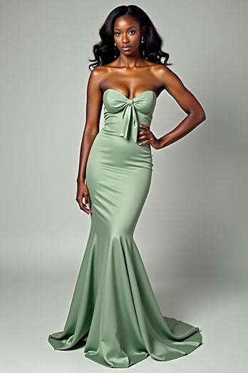 Dusty Sage Mermaid Strapless Bow Long Prom Dress