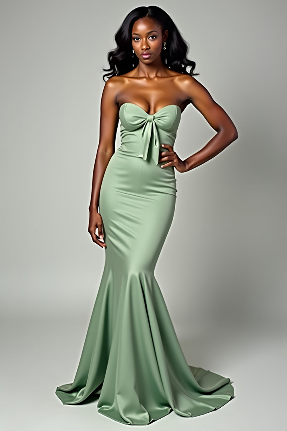 Dusty Sage Mermaid Strapless Bow Long Prom Dress