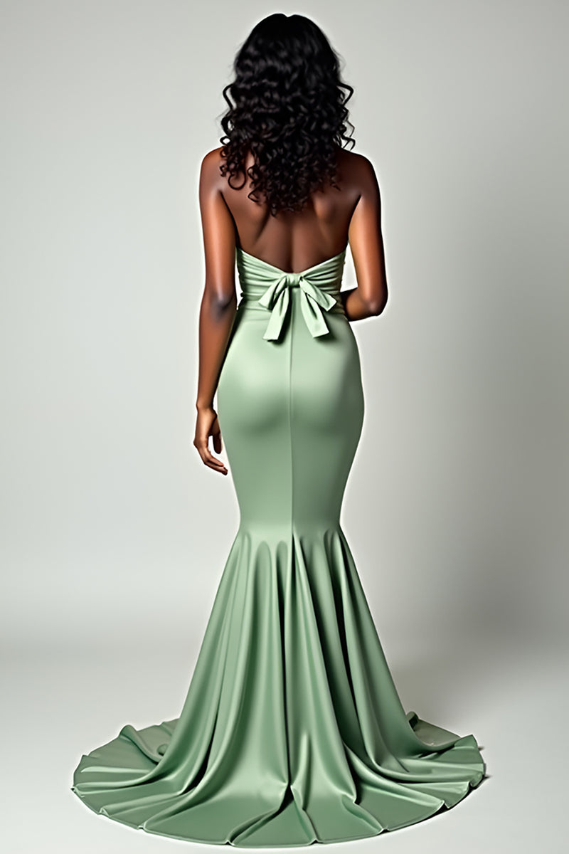 Load image into Gallery viewer, Dusty Sage Mermaid Strapless Bow Long Prom Dress