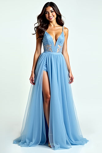 A Line Light Blue Spaghetti Straps Long Prom Dress with Slit