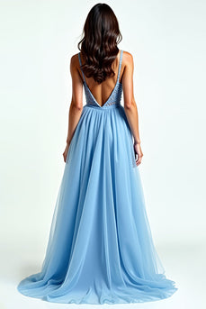 A Line Light Blue Spaghetti Straps Long Prom Dress with Slit