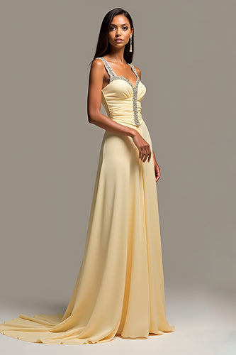 Daffodil Ruched Beaded Sweep Train Long Prom Dress