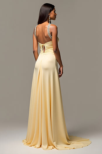 Daffodil Ruched Beaded Sweep Train Long Prom Dress