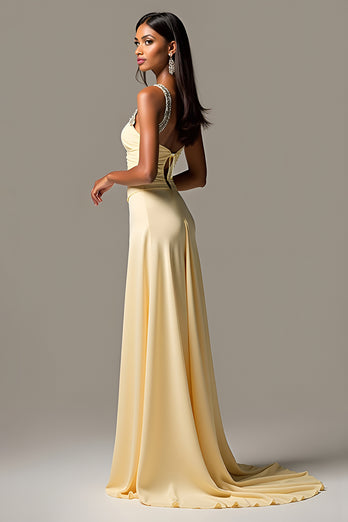 Daffodil Ruched Beaded Sweep Train Long Prom Dress