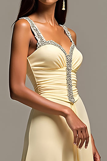 Daffodil Ruched Beaded Sweep Train Long Prom Dress