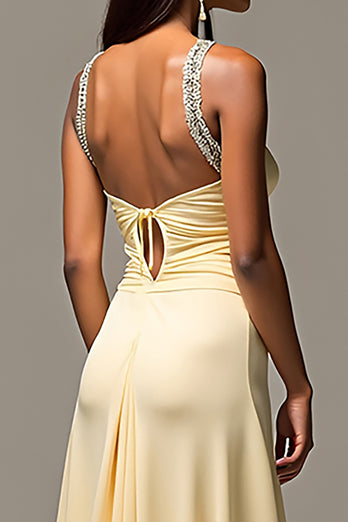 Daffodil Ruched Beaded Sweep Train Long Prom Dress