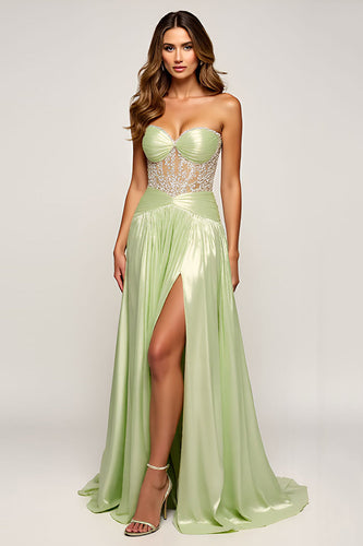 Sage Strapless A Line Long Prom Dress with Slit