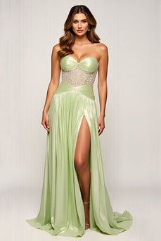 Sage Strapless A Line Long Prom Dress with Slit