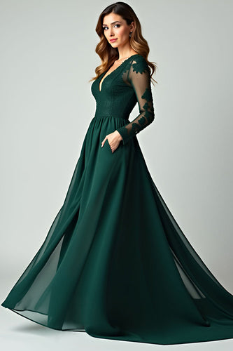 V-Neck Pine Appliqued Prom Dress with Long Sleeves