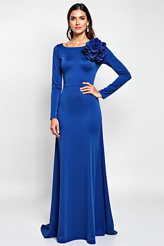 Sheath Royal Blue Long Sleeves Mother of the Bride Dress with 3D Flowers