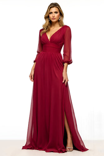 Burgundy Backless A Line Long Mother of the Bride Dress with Half Sleeves