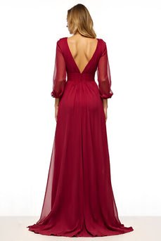 Burgundy Backless A Line Long Mother of the Bride Dress with Half Sleeves