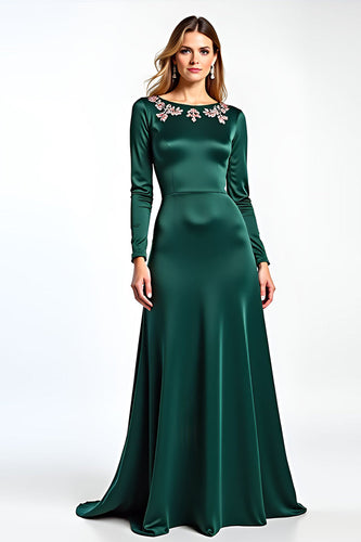 Pine Round Neck Floral Mother of the Bride Dress with Long Sleeves