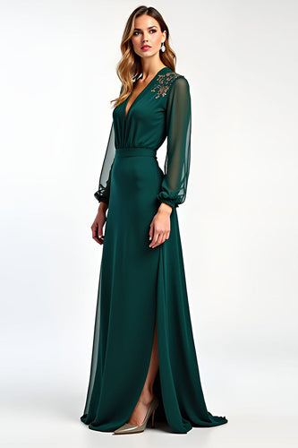 V-Neck Pine Floral Long Sleeves Mother of the Bride Dress with Slit