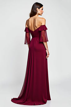 Off the Shoulder Burgundy Floral Mother of the Bride Dress